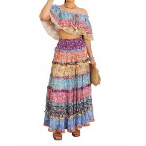 NEW SURELYMINE boho floral ruffle crop top & maxi skirt set in multi